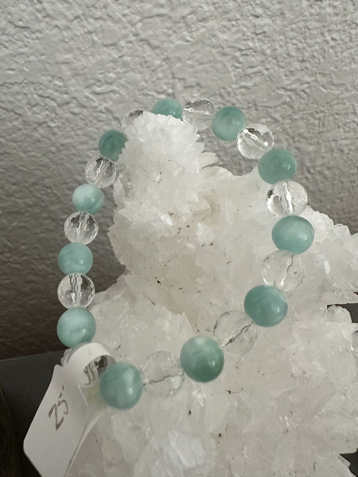 New, Beautiful Green Moonstone And Faceted Clear Quartz Crystal Bracelet. Jewelry Bag And Meanings Included. 