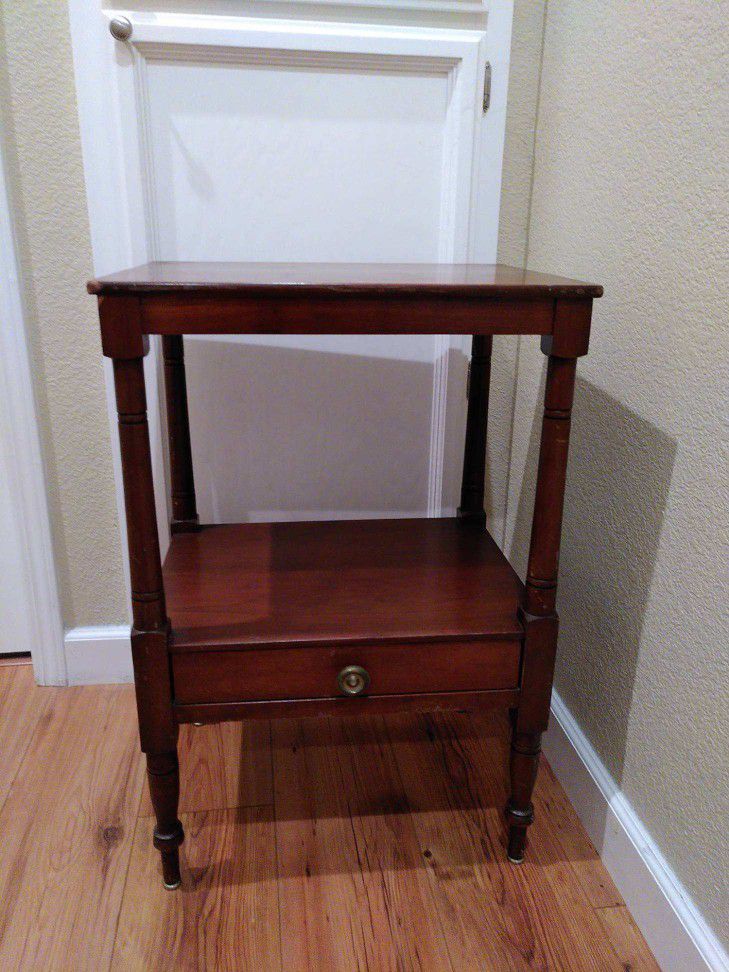 Antique Bedstand Sidetable Nice construction Solid Metal Feet Brass Pull Felt Lined Real Wood 