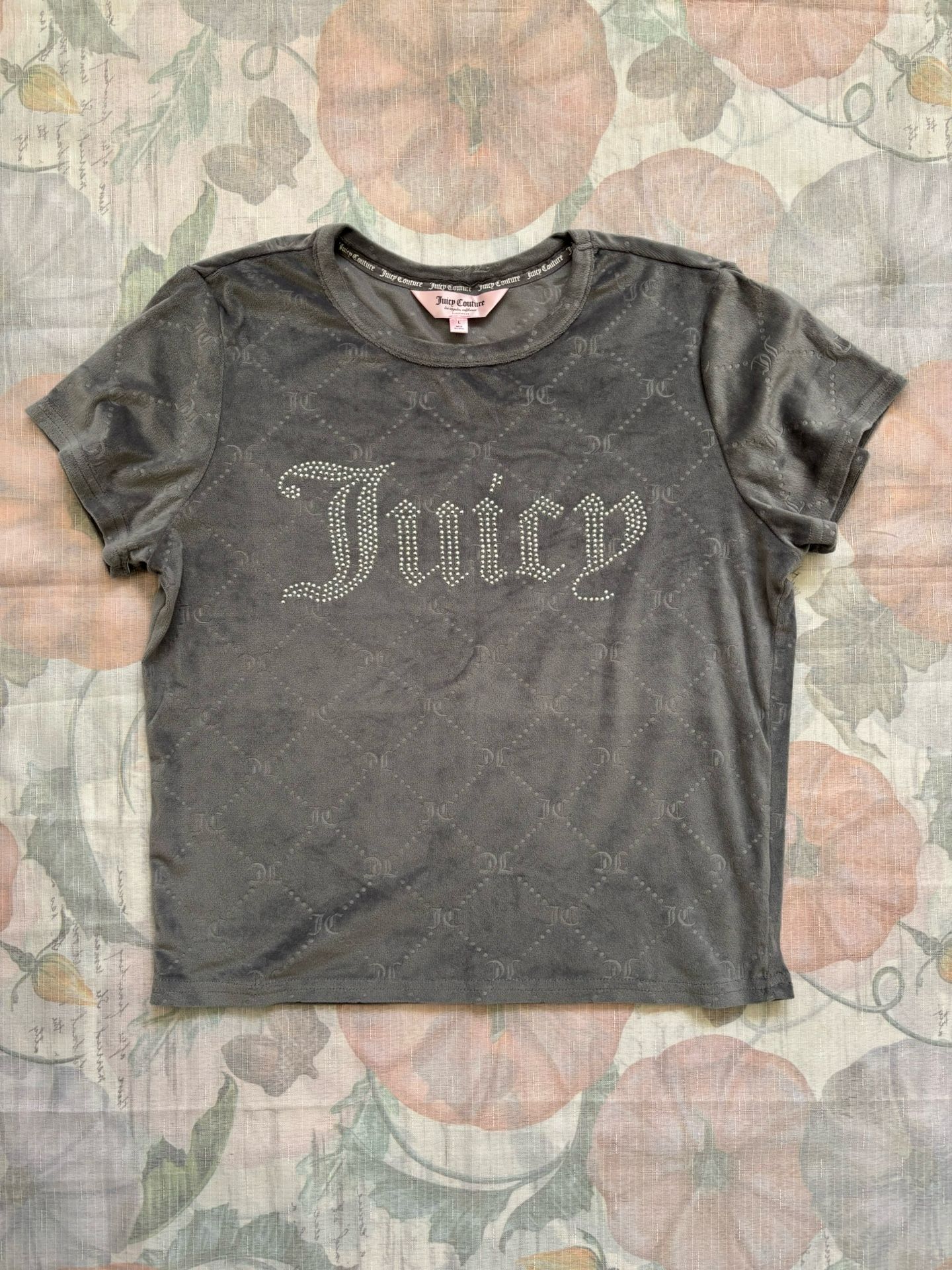 Juicy Couture Women's Velour Grey Soft Pajama Top Shirt Rhinestone Large