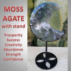 Moss Agate Moon With Stand Crystal Stone Rock