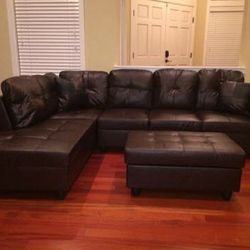 New Sectional Sofa Chocolate Brown Leather Couch Include Free Ottoman And Pillows  