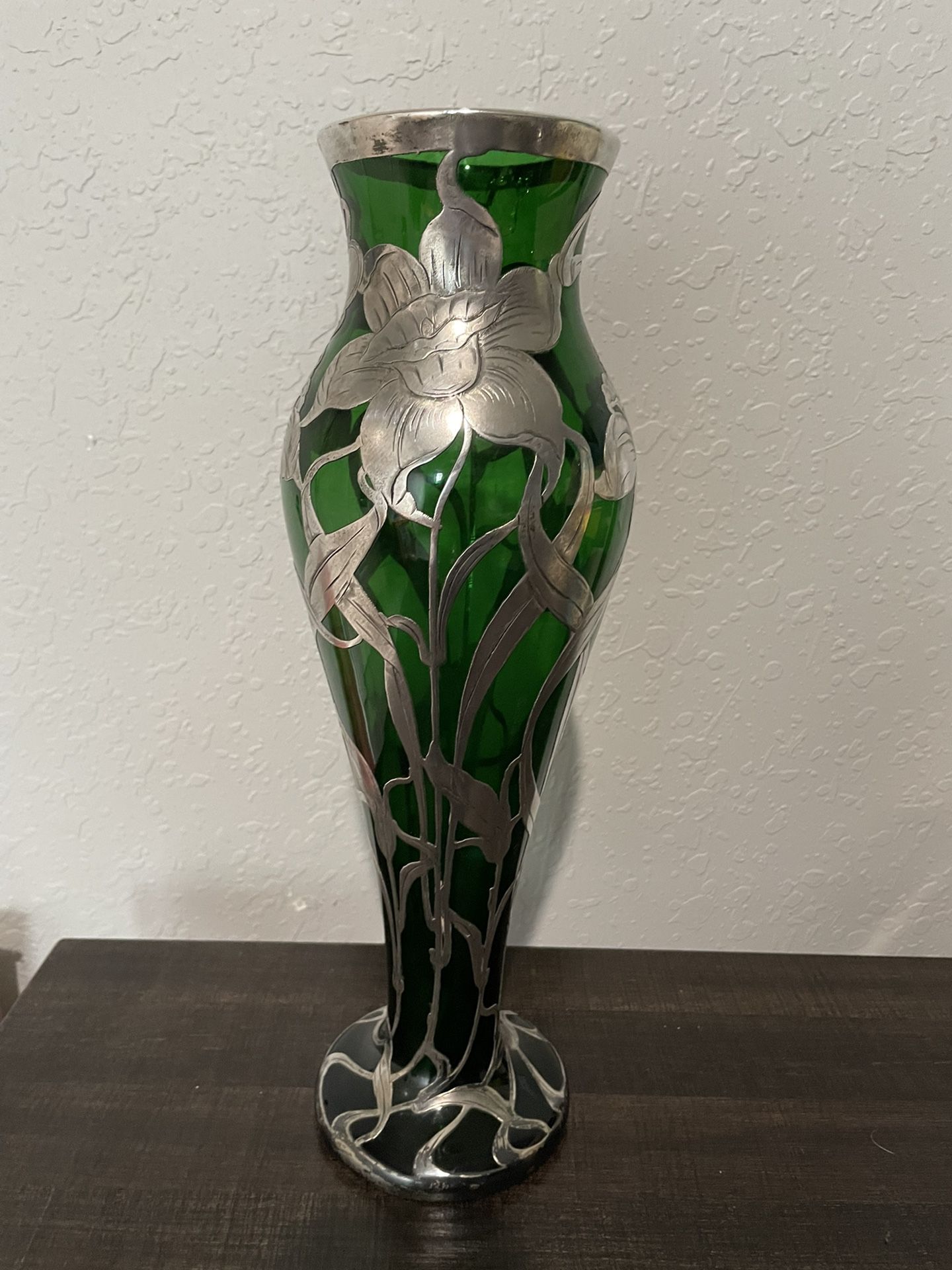Antique art nouveau green glass vase With sterling silver Inlay