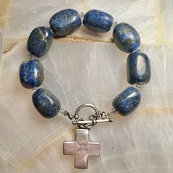 Lapis Stone Bracelet with Sterling Silver Cross