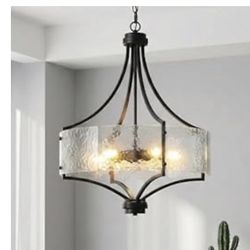 Brand New 20'' Black Glass Drum Chandelier, 5-Light Modern Textured Glass Hanging Pendant Light Fixture for Dining Room, Kitchen Island, Living Room, 