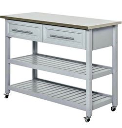 Newly Assembled Traditional Kitchen Cart w/ Storage Kitchen Island w/ Stainless Steel Top Light Gray