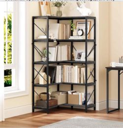 5-Tier L-Shaped Bookcase Storage Organizer, Tall Corner Bookshelf  Light Gray