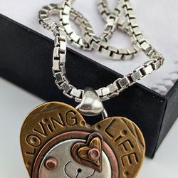 "LOVING LIFE" Heart Pendant Box Link Necklace in 925 Sterling Silver 18"
