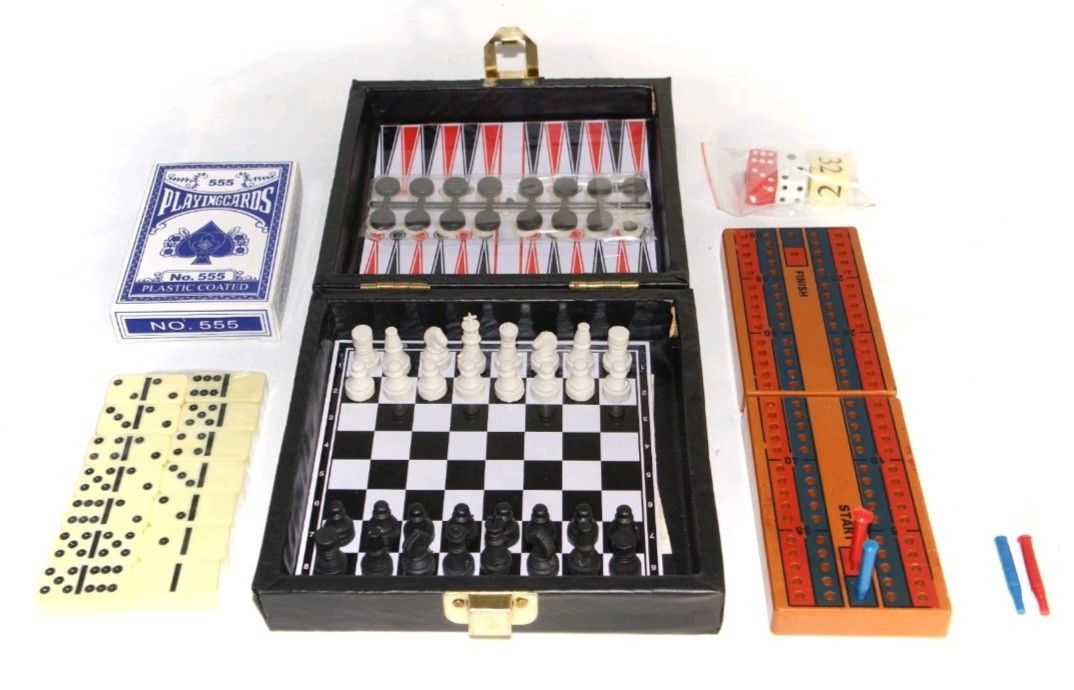 6 In 1 Travel Game Pocket Chess, Checkers, Backgammon, Cribbage, Dominoes, Cards