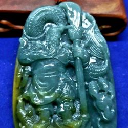 Burmese icy Type A Jadeite Jade Pendant Lucky Kwankong-Dragon Ride. 