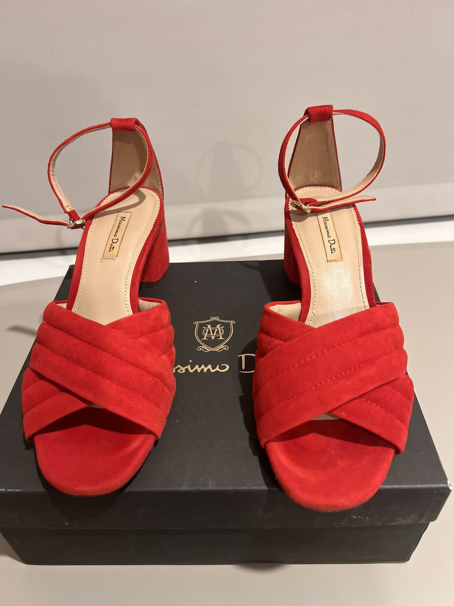 Massimo Dutti Red Suede Block Heel Sandals | Ankle Strap | Size 7.5