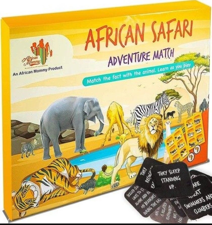 African Safari Adventure Match Game - Educational Family Board Games for Kids Age 6 and up with 4 Animal Puzzle Boards, 24 Flash Cards