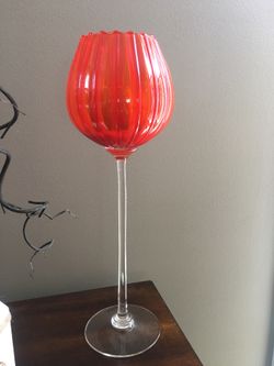 Bright Orange/red blown glass decorative candle holder or vase.. 18” tall.