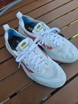 Vans UltraRange VR3 mashmellow colorway knit low-top sneakers in white with red accent. Lightweight knit upper for breathable comfort. Cushioned Ultra