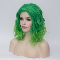 Aicos Short Curly Green Wig, 35cm Fashion Green Bob Wig with Bangs Perfect