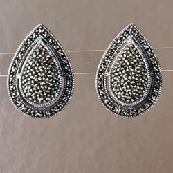 Vintage Sterling Silver JJ Judith Jack Earrings Marcasite Omega Back Teardrop