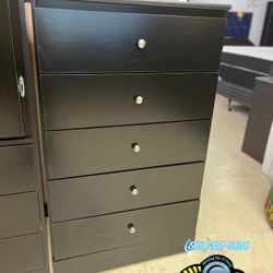 Black Dresser Chest 5 Drawer w/ Metal Gliders- FULLY ASSEMBLED