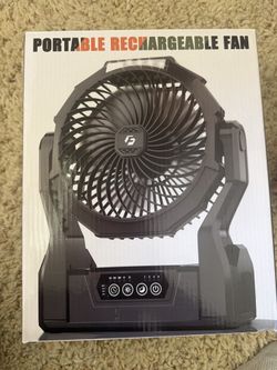 Portable Rechargeable Fan with Light & Timer – 4 Speeds, Adjustable, New