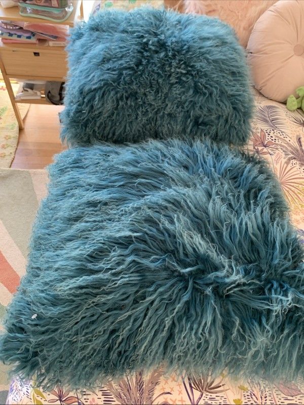 Set Of 2 Z Gallerie Sheep Skin Teal Deep Turquoise Pillow Covers