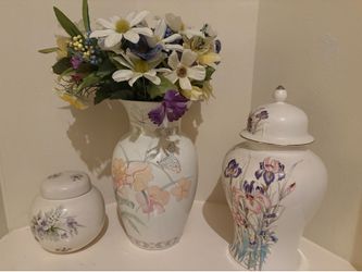 Elegant Floral Ceramic Home Décor Set – Vase with Flowers & Matching Lidded Jars (3 Pieces)
