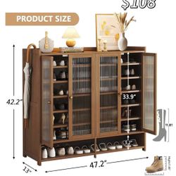 😀 8 Tier Bamboo Shoe Cabinet - Shoe Storage Cabinet with Doors, Freestanding Bamboo Shoe Rack Organizer with Shelves for Entryway, Hallway, Closet