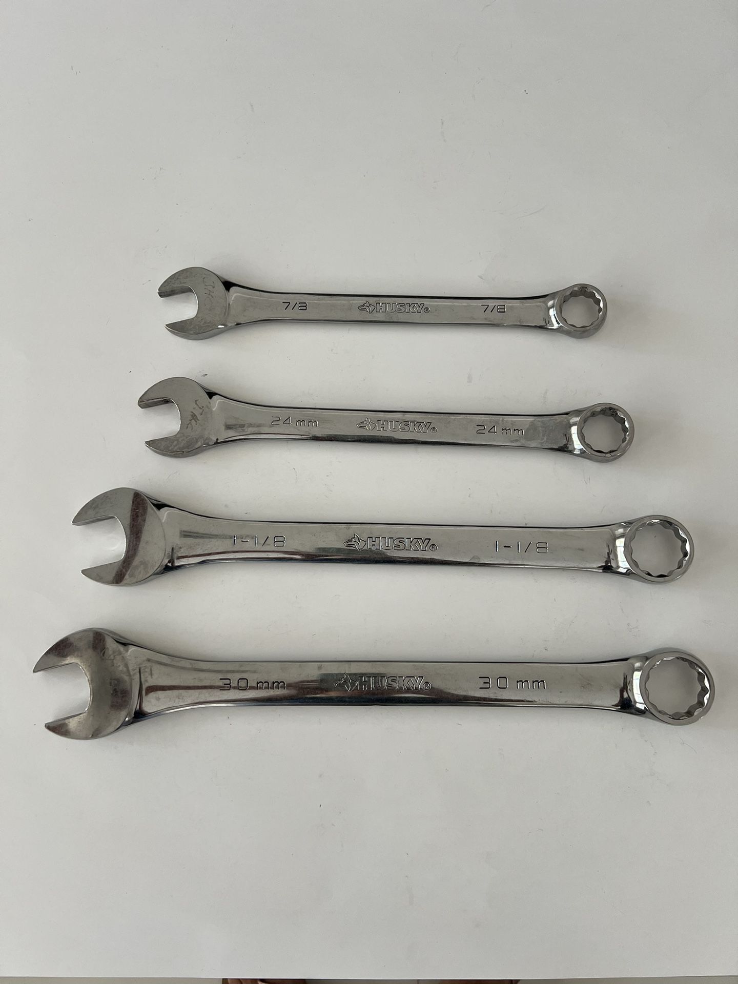 Lot of 4 Vintage Husky Large Combination Wrenches, 12 Point, Metric & SAE