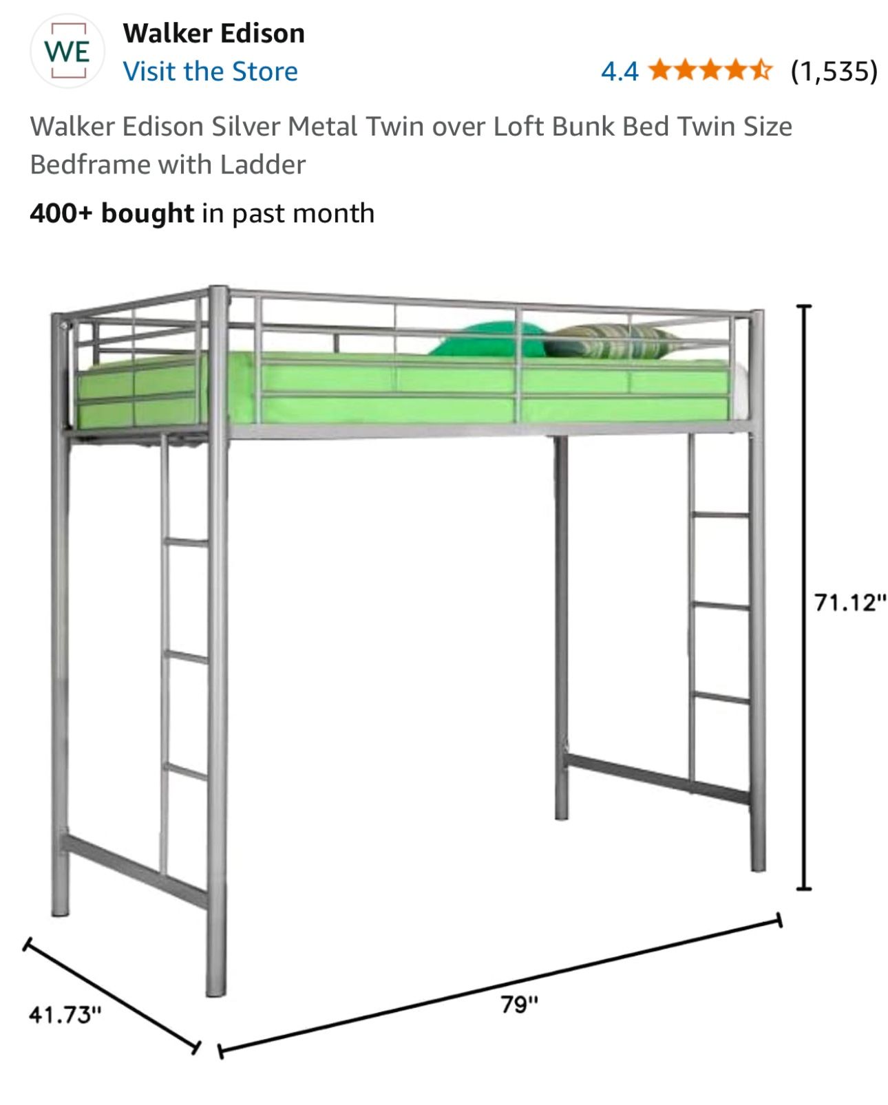 Silver Metal Twin over Loft Bunk Bed Twin Size Bedframe with Ladder