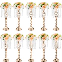 Amylove 10 Pcs 21.7 Inch Gold Crystal Wedding Centerpieces for Tables with Metal Candelabra Stand