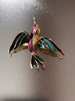 Vintage Enamel Hummingbird Brooch | Pink Purple Green Figural Bird Pin
