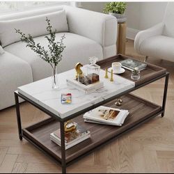 Convertible Entertaining Coffee Table - Faux Marble With 2 Removable Trays, 47 Living Room Table, Mo
