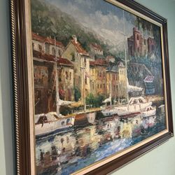 Large Framed Harbor Scene Oil Painting – Vibrant Coastal Artwork