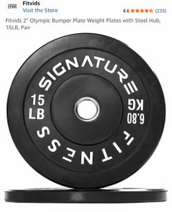 Pair of  2" Olympic Bumper Plate Weight Plates with Steel Hub, 15LBS