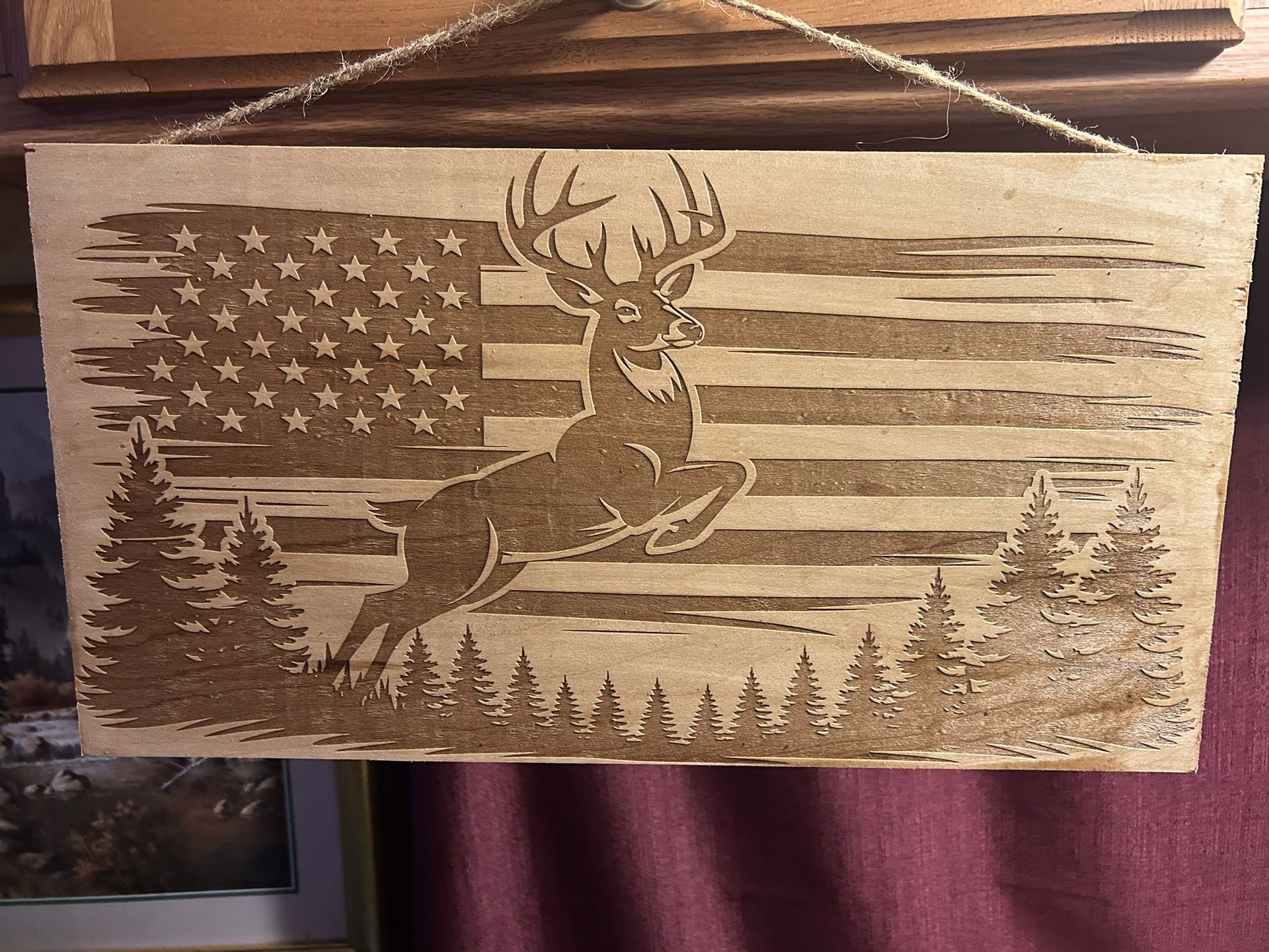 Deer Hunting American Flag With Woods Primitive Farmhouse, Home Decor, Wood Sign 10 X 19”