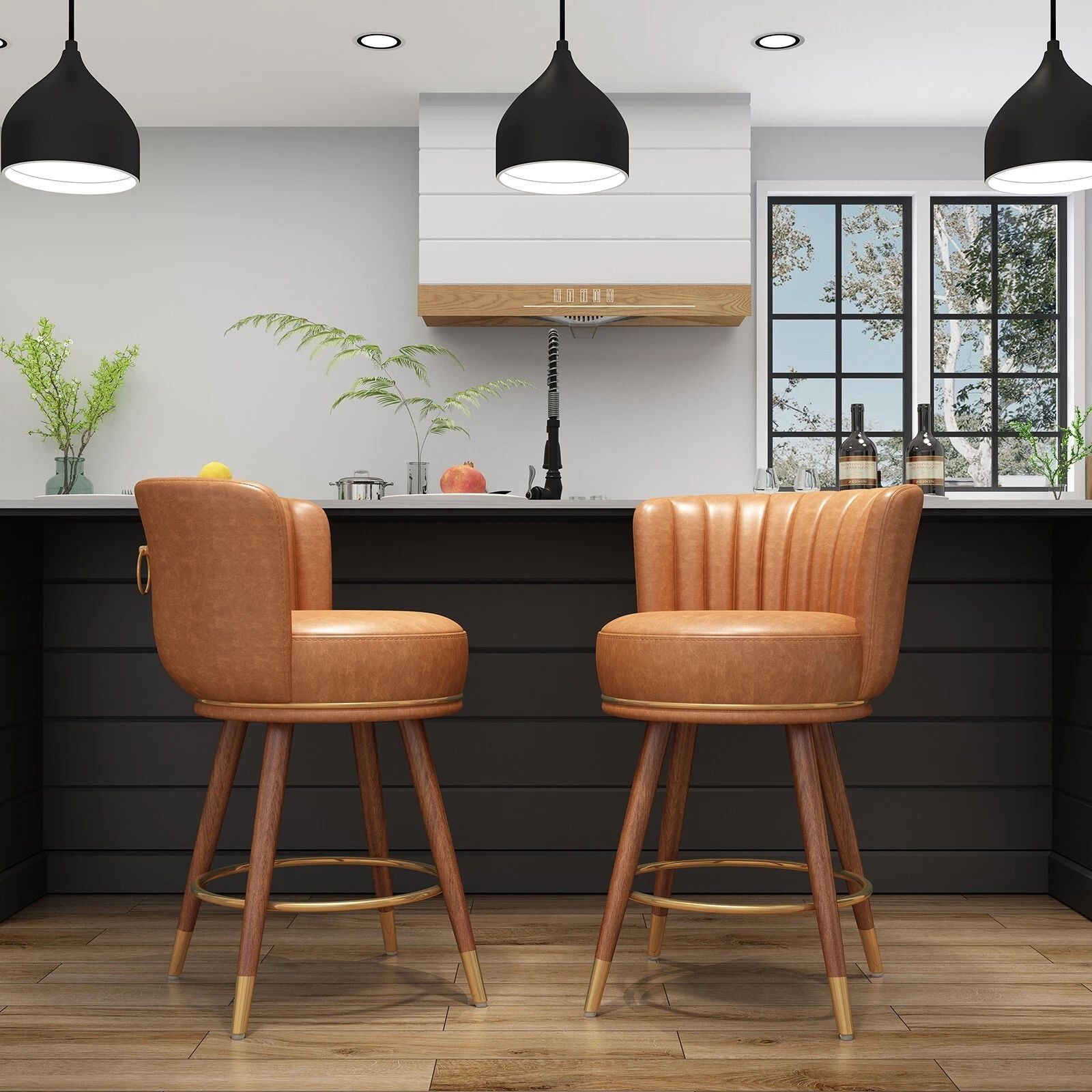 Set of 2 Leather Swivel Bar Stools Wood Legs Counter Height Kitchen Stools 24"