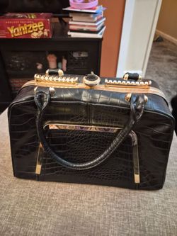 Black Croc-Embossed Structured Handbag Gold Hardware
