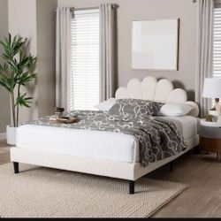 Upholstered Platform Bed – Soft Fabric Queen Size Bed Frame with Padded Scalloped( Mattress Not Included) Style(New In A Box)