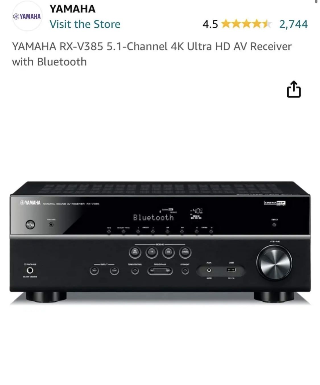 YAMAHA RX-V385 5.1-Channel 4K Ultra HD AV Receiver with Bluetoot