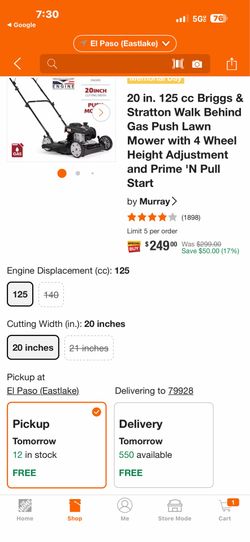 20 in. 125 cc Briggs & Stratton Walk Behind Gas Push Lawn Mower with 4 Wheel Height Adjustment and Prime 'N Pull Start