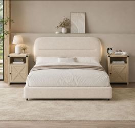 Set of 3 Queen Boucle bed frame and 2 nightstands. New in box.