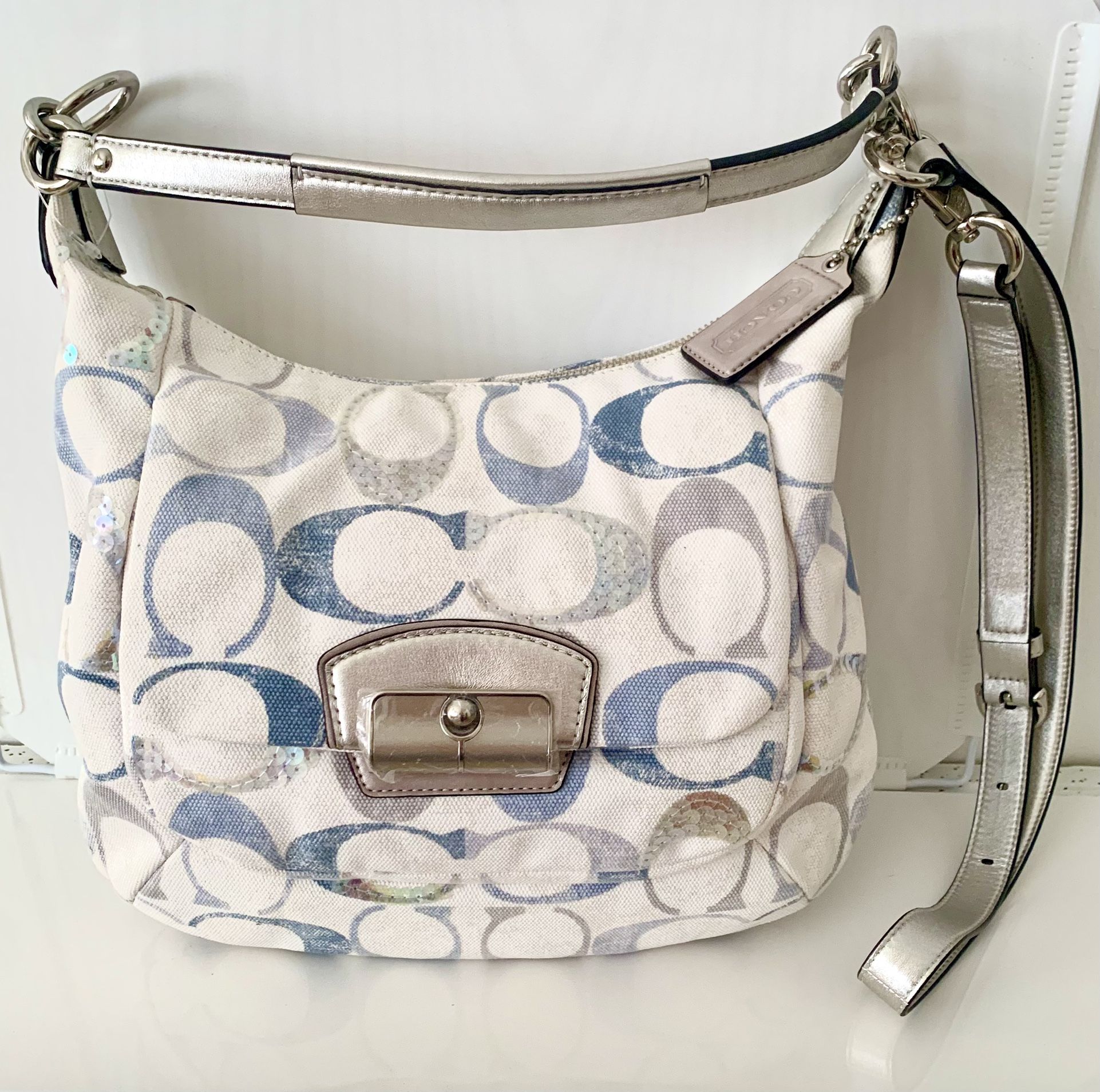 Coach KRISTIN EMBELLISHED SIGN Medium HOBO Purse Bag Silver Blue Grey Hobo NWT