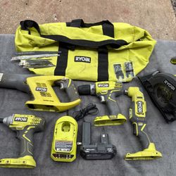 RYOBI 18V One+ Lithium Ion 6-Tool Combo Kit with 1.5 Ah Battery and Charger-Clean, Recip Saw And Multitool Blades, Canvas Bag