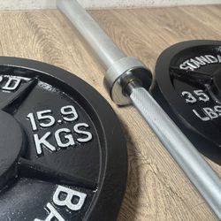 CUZ NEED THE $$ NEW Olympic Equipment: 6 ft Silver Bar & Weight Plates 35s, 25s, and 10s lbs. Total: 180 lbs [ NO, No Better Price]