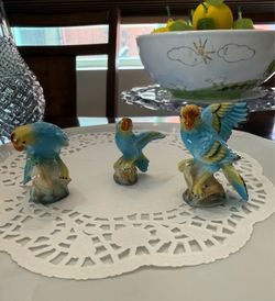 Three Vintage Parakeet Figurines Blue, Yellow and Orange