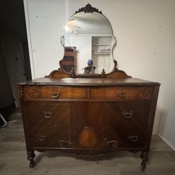 Antique 1932 Art Nouveau Dresser Mir/ Vanity Solid On Castors