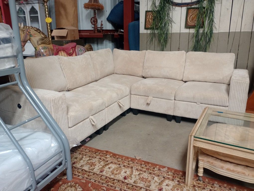 Off-white Corduroy Sectional With USB Ports And Storage