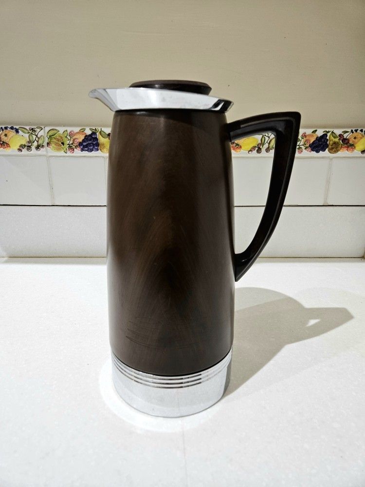 Faux Walnut And Stainless Steel MCM Coffee Tea Carafe Thermos