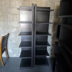 Pair of Modern Espresso Corner Bookcases / Multi-Sided Display Towers