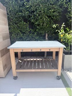 Pottery Barn Outdoor Bar Console / Rolling Cart — Zinc Top