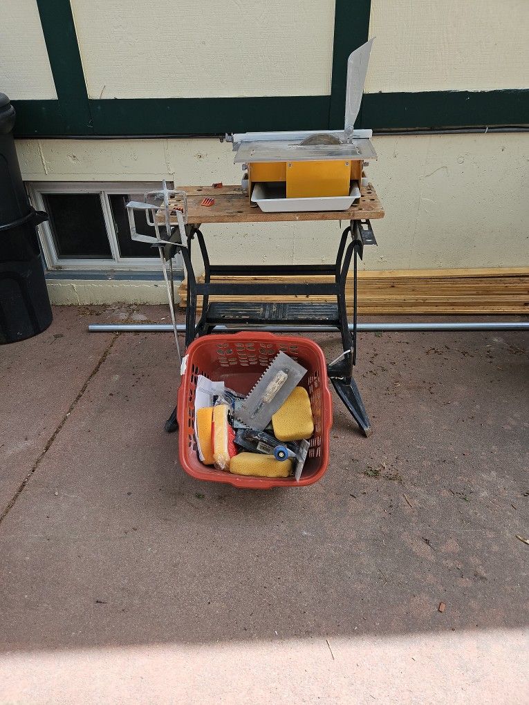 Small Tile Saw With Workbench And Tools.