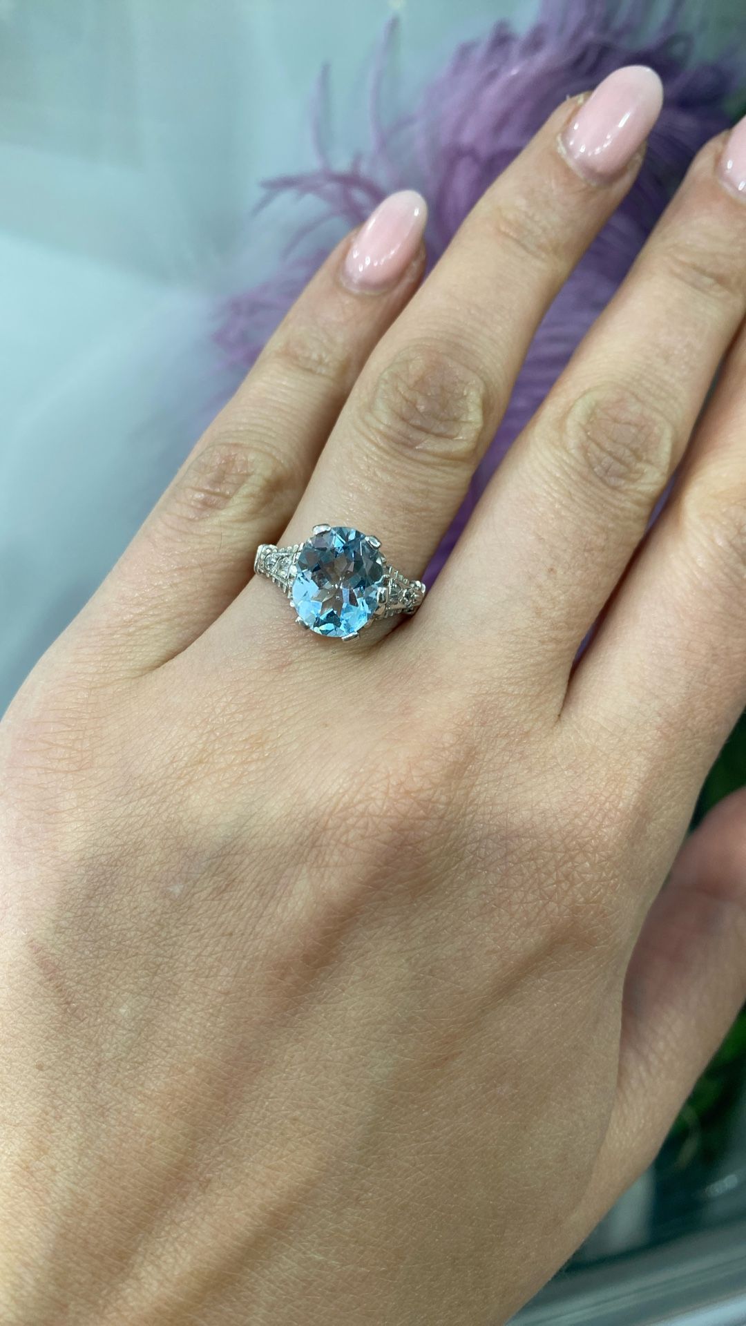 Nice Fine Ring Blue Aquamarine Stone 3.6Ct 14K White Gold Natural Diamonds