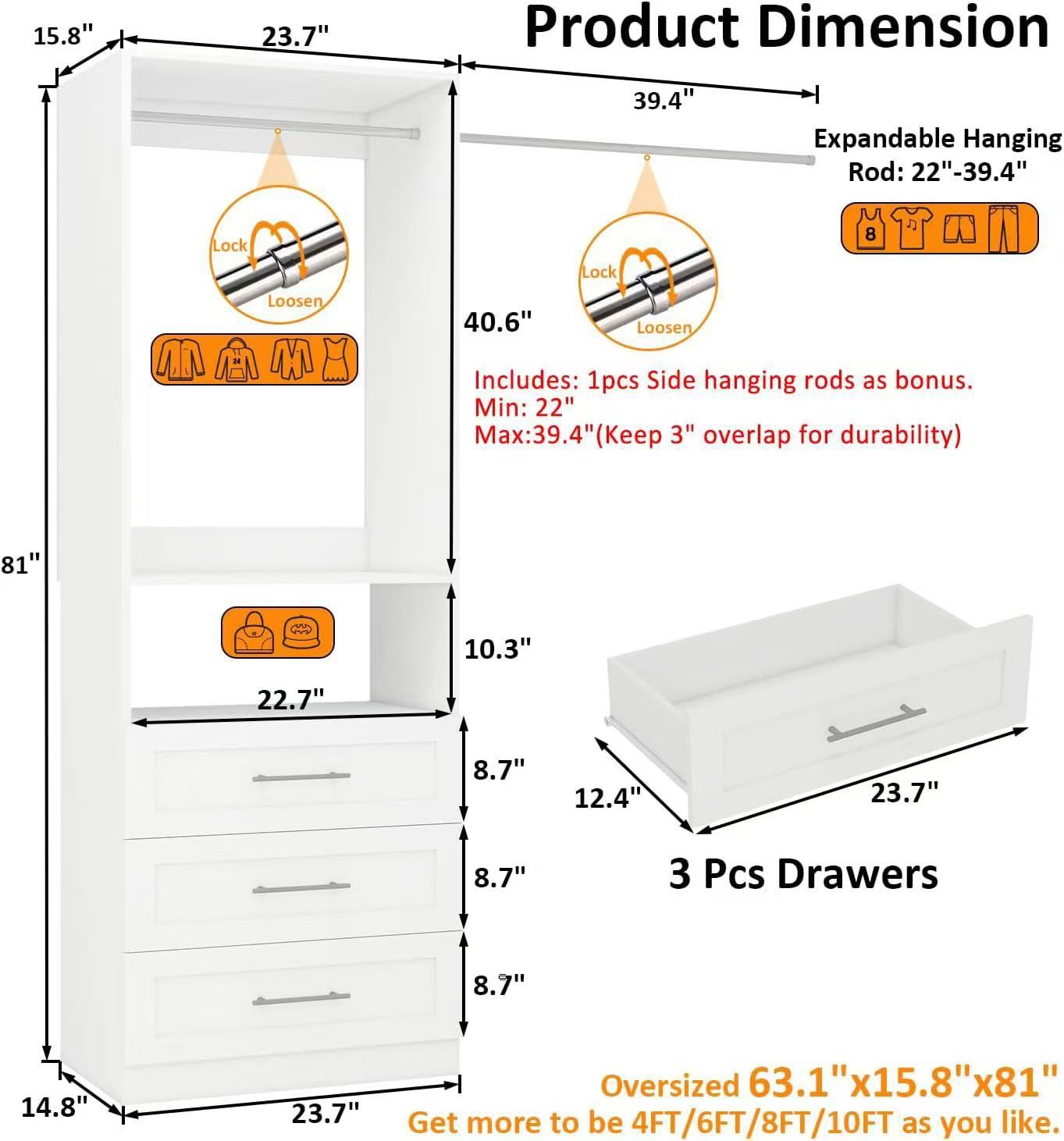 🥨Closet System, 2FT Closet Organize System with 3 Wooden Drawers, 2 Hanging Rods & Shelf, Small Walk in Closet System Storage, Modular Closet System